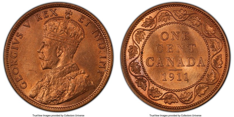 George V Cent 1911 MS64 Red PCGS, Ottawa mint, KM15. Orange ochre coloration gra...