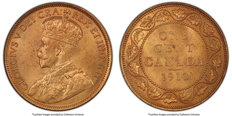 George V Cent 1913 MS64 Red PCGS, Ottawa mint, KM21. Original mint bloom, few sm...