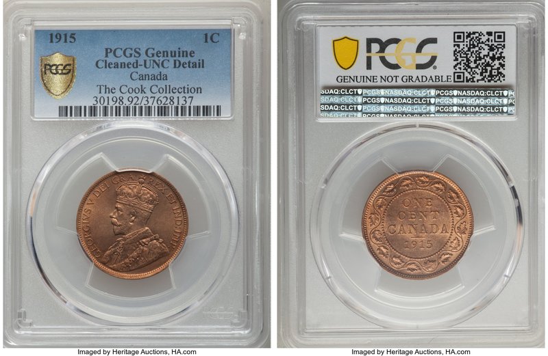 George V Cent 1915 UNC Details (Cleaned) PCGS, Ottawa mint, KM21. Well struck wi...