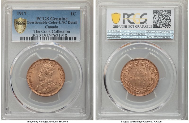 George V Cent 1917 UNC Details (Questionable Color) PCGS, Ottawa mint, KM21. Ver...