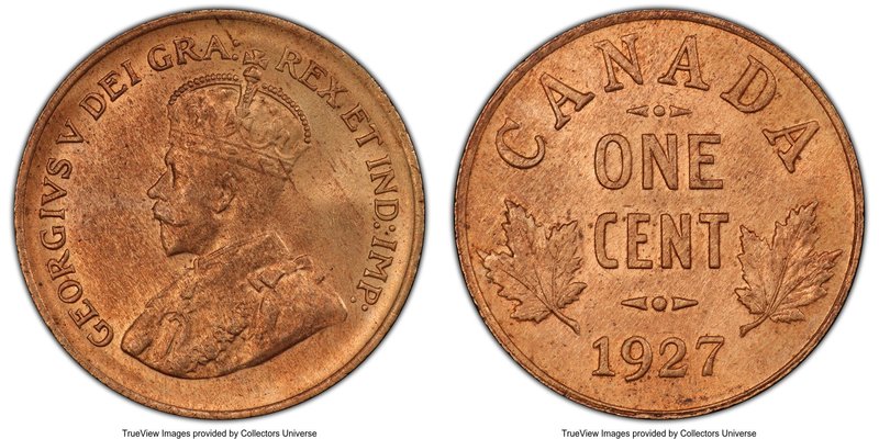 George V Cent 1927 MS64 Red and Brown PCGS, Ottawa mint, KM28. More red than bro...