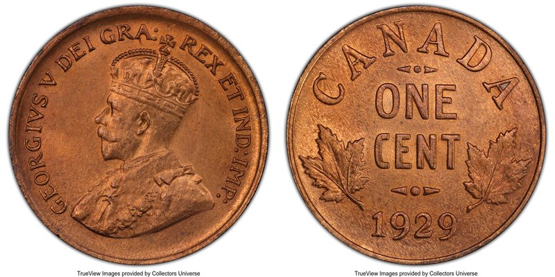 George V Cent 1929 MS65 Red and Brown PCGS, Ottawa mint, KM28. Essentially fully...