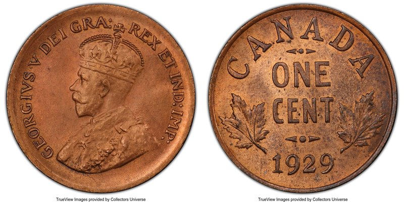 George V Cent 1929 MS65 Red and Brown PCGS, Ottawa mint, KM28. A strong gem with...