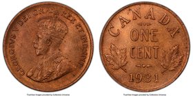 George V Cent 1931 MS64 Red and Brown PCGS, Royal Canadian Mint, KM28. Near-gem, with satin-textured, cherry-brown surfaces and sharp highpoint detail...