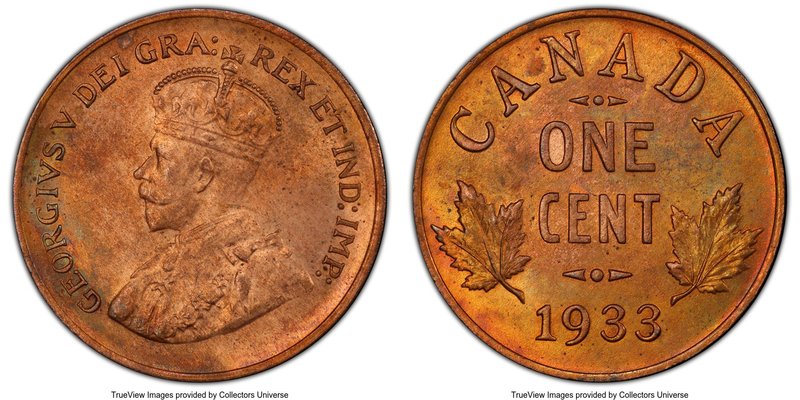 George V Cent 1933 MS64 Red and Brown PCGS, Royal Canadian Mint, KM28. Essential...