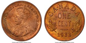 George V Cent 1933 MS64 Red and Brown PCGS, Royal Canadian Mint, KM28. Essentially gem, with beautiful chestnut-red color over both sides and raised i...