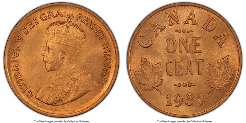 George V Cent 1934 MS65 Red PCGS, Royal Canadian Mint, KM28. A splendid gem exam...