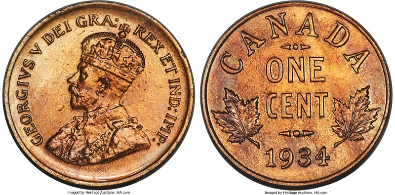 George V Cent 1934 UNC Details (Lacquered) PCGS, Royal Canadian Mint, KM28. A la...