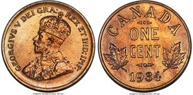 George V Cent 1934 UNC Details (Lacquered) PCGS, Royal Canadian Mint, KM28. A lacquered example of this later date in the series, with coppery-red and...