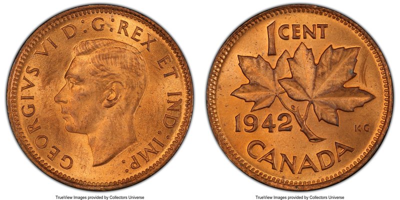 George VI Cent 1942 MS65 Red PCGS, Royal Canadian Mint, KM32. Very clean surface...