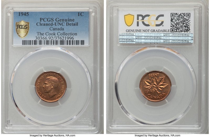 George VI Cent 1945 UNC Details (Cleaned) PCGS, Royal Canadian Mint, KM32. 

HID...