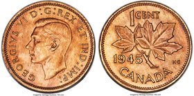George VI Cent 1945 UNC Details (Questionable Color) PCGS, Royal Canadian Mint, KM32. Red-brown in color, with Mint State detail throughout.

HID09801...