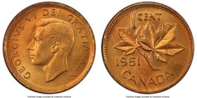 George VI Cent 1951 MS65 Red PCGS, Royal Canadian Mint, KM4. Reddish-gold contrasting streaks giving it great eye appeal. 

HID09801242017