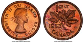 Elizabeth II Specimen "No Shoulder Fold" Cent 1953 SP65 Red and Brown PCGS, Royal Canadian Mint, KM49. No Shoulder Fold/Strap variety. Streaks of viol...
