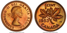 Elizabeth II Specimen "No Shoulder Fold" Cent 1953 SP65 Red and Brown PCGS, Royal Canadian Mint, KM49. No Shoulder Fold/Strap variety. Lovely copper, ...