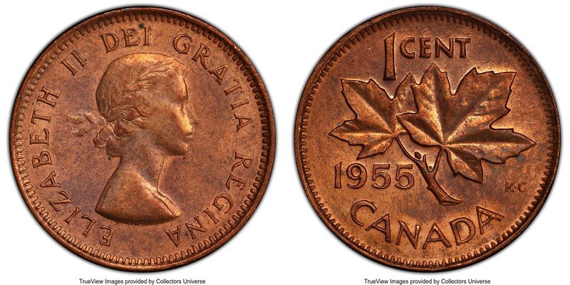 Elizabeth II "No Shoulder Fold" Cent 1955 MS63 Red and Brown PCGS, Royal Canadia...