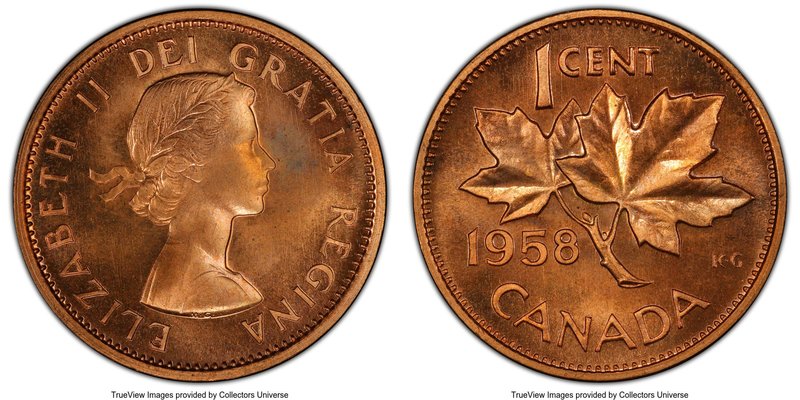 Elizabeth II Prooflike Cent 1958 PL67 Red PCGS, Royal Canadian Mint, KM49. Essen...