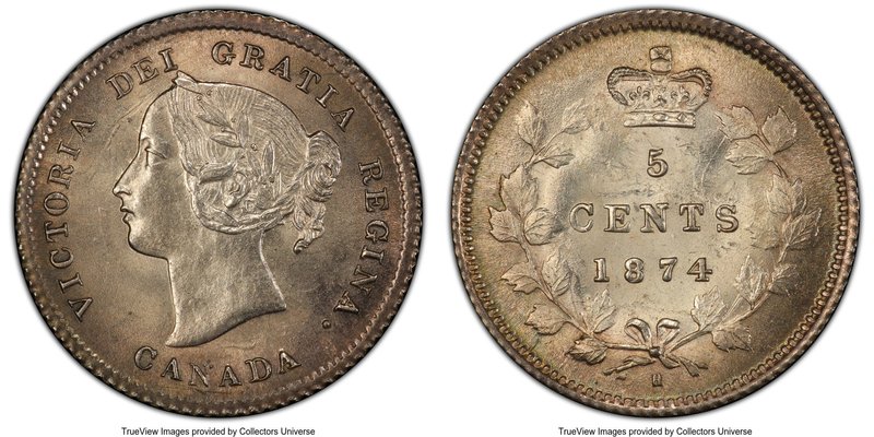 Victoria "Plain 4" 5 Cents 1874/4-H MS63 PCGS, Heaton mint, KM2. Small date Plai...