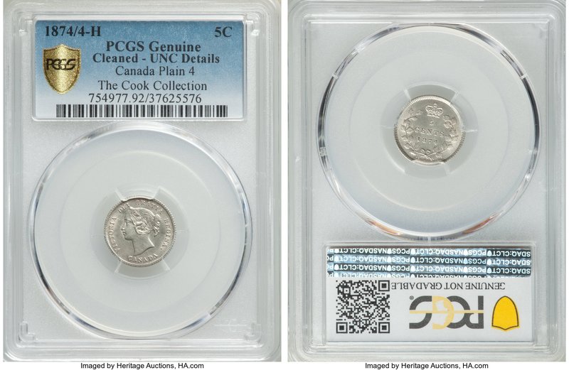 Victoria "Plain 4" 5 Cents 1874-H UNC Details (Cleaned) PCGS, Heaton mint, KM2. ...