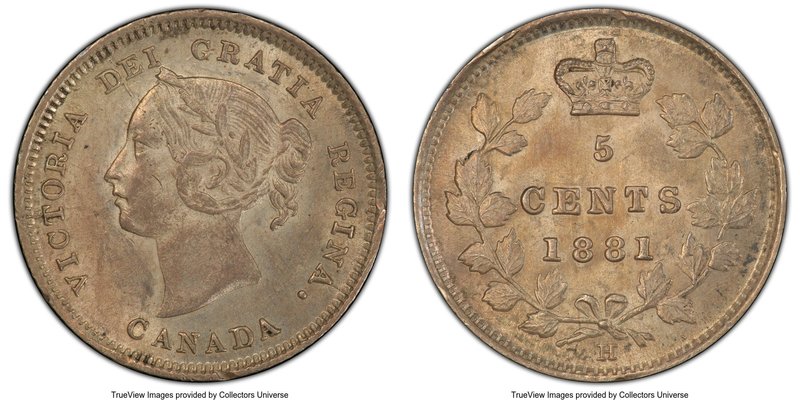 Victoria 5 Cents 1881-H MS62 PCGS, Heaton mint, KM2. Light gray-taupe toning. 

...