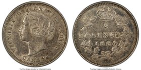 Victoria "Far Blunt 4" 5 Cents 1884 AU53 PCGS, London mint, KM2. "Far Blunt 4" variety. Minimally circulated and dressed in alluring graphite tones. 
...