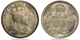 Edward VII "Narrow Date" 5 Cents 1907 MS65 PCGS, London mint, KM13. Narrow Date variety. A radiant offering displaying satiny white luster. 

HID09801...