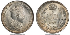 Edward VII "Narrow Date" 5 Cents 1907 MS64+ PCGS, London mint, KM13. Narrow date variety. Exception strike and luster with faint gold peripheral tonin...