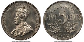 George V Specimen "Near S" 5 Cents 1922 SP65 PCGS, Ottawa mint, KM29. Near S variety. Quality strike and luster. 

HID09801242017