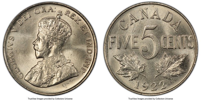 George V "Near S" 5 Cents 1922 MS64 PCGS, Ottawa mint, KM29. Near S variety. The...
