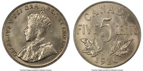 George V "Near 6" 5 Cents 1926 MS64+ PCGS, Ottawa mint, KM29. Near 6 variety. Highly lustrous and preserved at the very edge of gem status. Very few e...