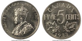 George V 5 Cents 1933 MS63 PCGS, Royal Canadian Mint, KM29. Fully choice, with only light contact marks in the fields. 

HID09801242017