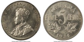 George V "Near S" 5 Cents 1934 MS64 PCGS, Royal Canadian Mint, KM29. Near S variety. Seemingly common in lower grades, but price rapidly escalating in...