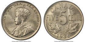 George V "Far S" 5 Cents 1936 MS65 PCGS, Royal Canadian Mint, KM29. Far S variety. Exhibiting luxuriously satiny luster and no signs of handling that ...
