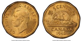 George VI tombac 5 Cents 1942 MS64 PCGS, Royal Canadian Mint, KM39. Rose-gold colored. 

HID09801242017