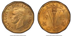 George VI tombac 5 Cents 1943 MS65 PCGS, Royal Canadian Mint, KM40. Tombac issue in honey-gold and rose color. 

HID09801242017