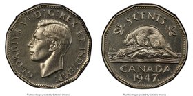 George VI Specimen "Maple Leaf" 5 Cents 1947 SP66 PCGS, Royal Canadian Mint, KM39a. Maple Leaf variety. A nearly flawless example. 

HID09801242017