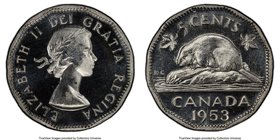 Elizabeth II Specimen "No Shoulder Fold - Near Leaf" 5 Cents 1953 SP64 PCGS, Royal Canadian Mint, KM50. No Shoulder Fold/Strap, Near Leaf variety. Imm...