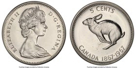 Elizabeth II Prooflike "Coin Alignment" 5 Cents 1967 PL66 PCGS, Royal Canadian Mint, KM66. Coin alignment variety. 

HID09801242017