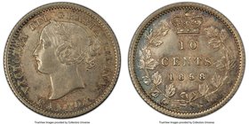 Victoria 10 Cents 1858 AU58 PCGS, London mint, KM3. Deeper aqua blue-green and rose-gray toning. 

HID09801242017