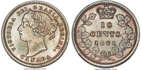 Victoria "21 Leaves" 10 Cents 1891 UNC Details (Cleaned) PCGS, London mint, KM3. 21 leaves variety. Cleaned yet with impressive striking sharpness to ...