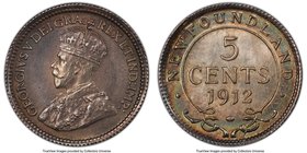 Newfoundland. George V 5 Cents 1912 MS63 PCGS, Ottawa mint, KM22. Almost matte in appearance, with a steely obverse tone and colorful reverse peripher...