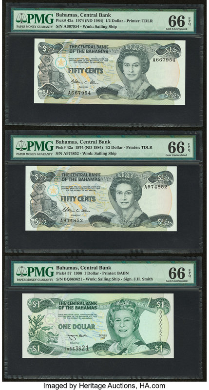 Bahamas Central Bank 1/2; 1 Dollar 1974 (ND 1984); 1996 Pick 42a (2); 57 Three E...