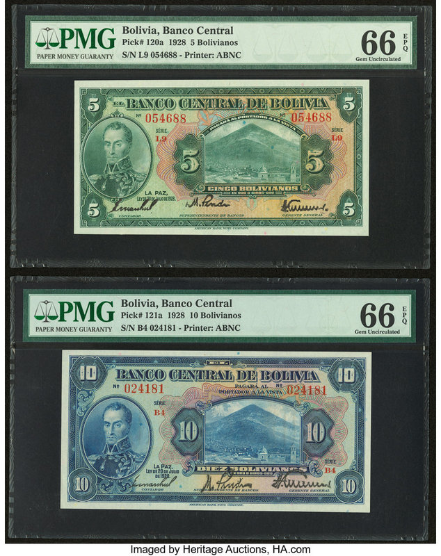 Bolivia Banco Central 5; 10 Bolivianos 1928 Pick 120a; 121a Two Examples PMG Gem...