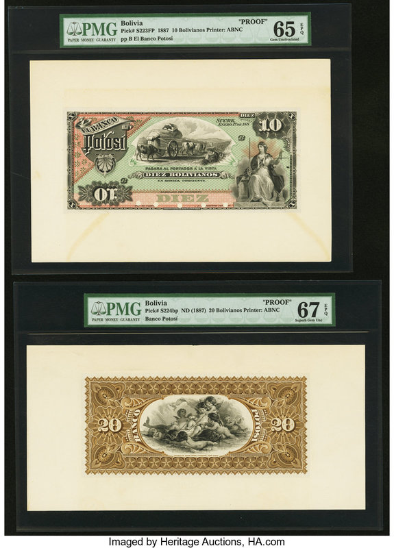 Bolivia Banco Potosi 10; 20 Bolivianos 1.1.1887; ND (1887) Pick S223fp; S224bp F...