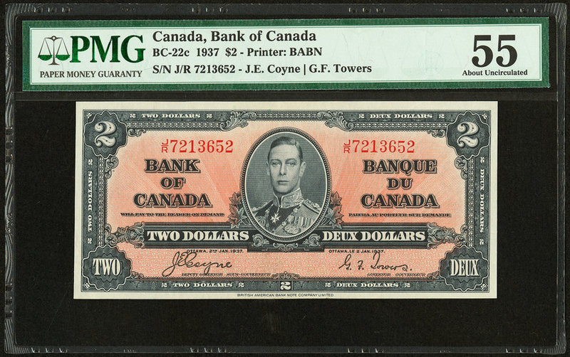Canada Bank of Canada $2 2.1.1937 BC-22c PMG About Uncirculated 55. 

HID0980124...