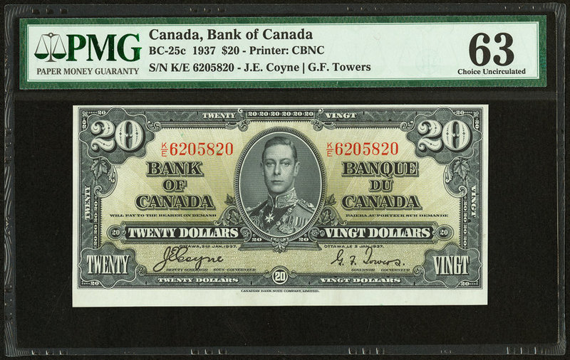 Canada Bank of Canada $20 2.1.1937 BC-25c PMG Choice Uncirculated 63. 

HID09801...