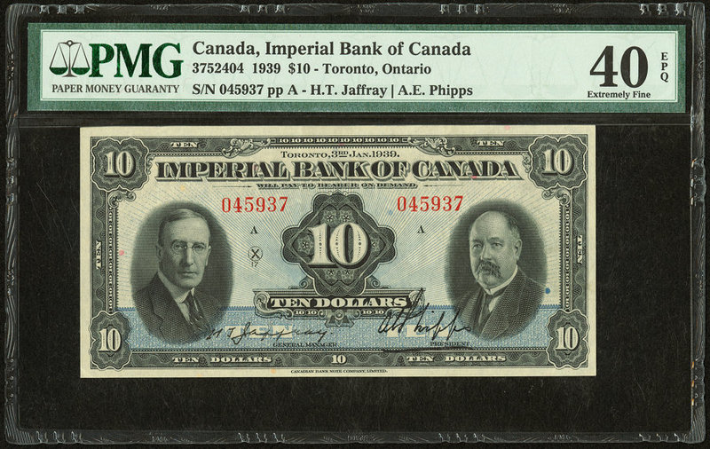 Canada Toronto, ON- Imperial Bank of Canada $10 3.1.1939 Ch.# 375-2404 PMG Extre...