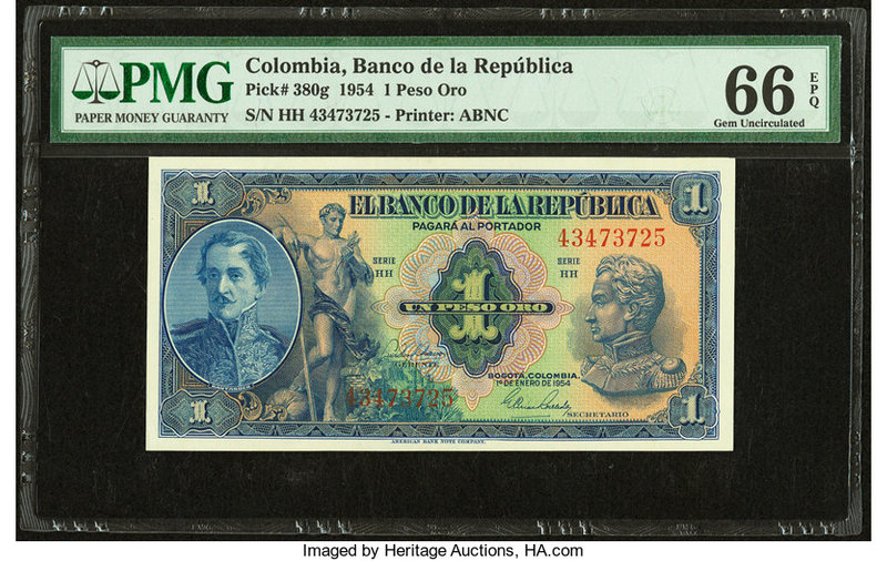 Colombia Banco de la Republica 1 Peso Oro 1.1.1954 Pick 380g PMG Gem Uncirculate...