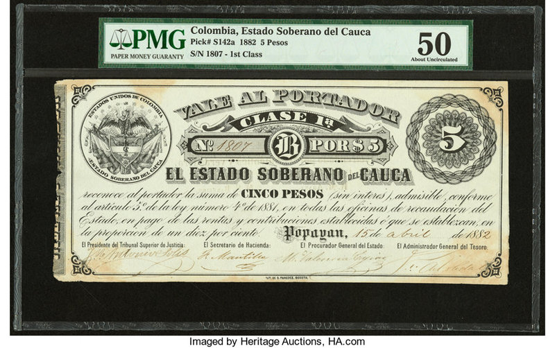 Colombia Billete del Estado 5 Pesos 15.4.1882 Pick S142a PMG About Uncirculated ...