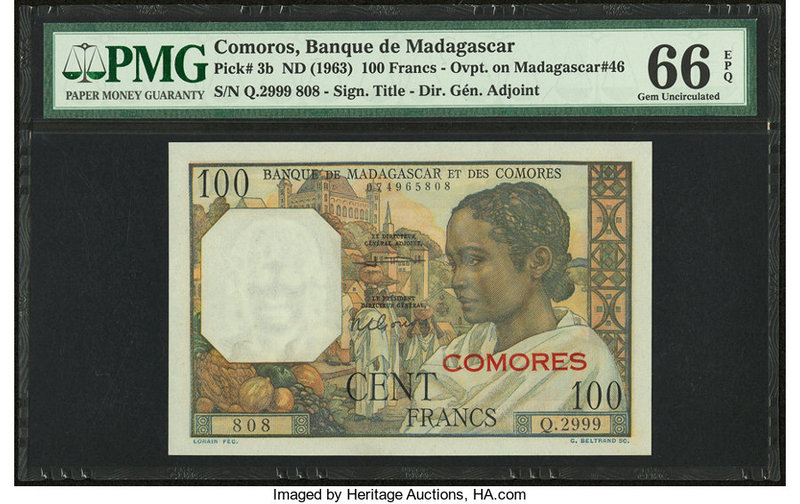 Comoros Banque de Madagascar et des Comores 100 Francs ND (1963) Pick 3b PMG Gem...